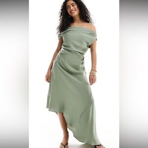 Mango One Shoulder Dress in Sage